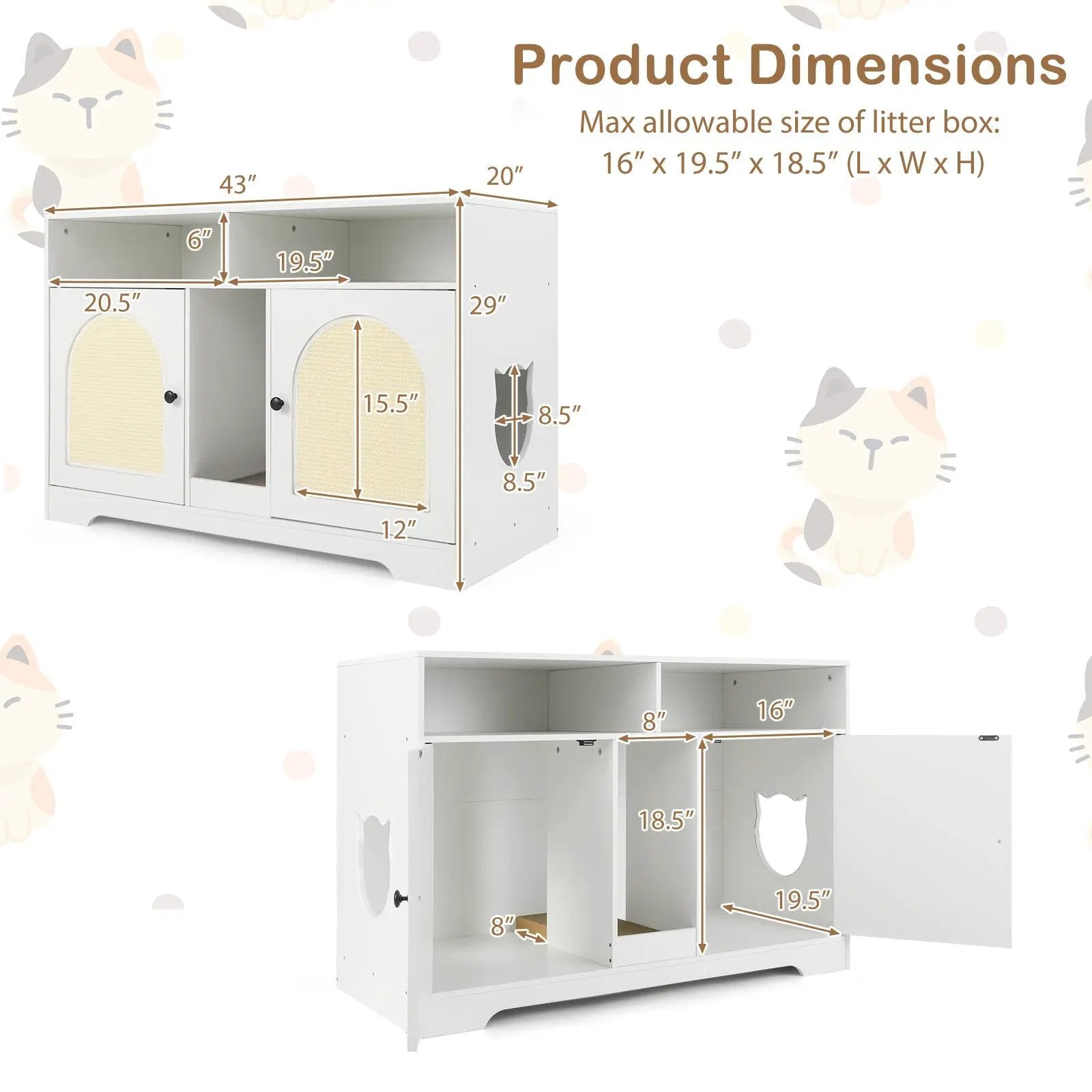 43 Inches Cat Litter Box Enclosure with Storage and Double Rooms-White by DirectDeals