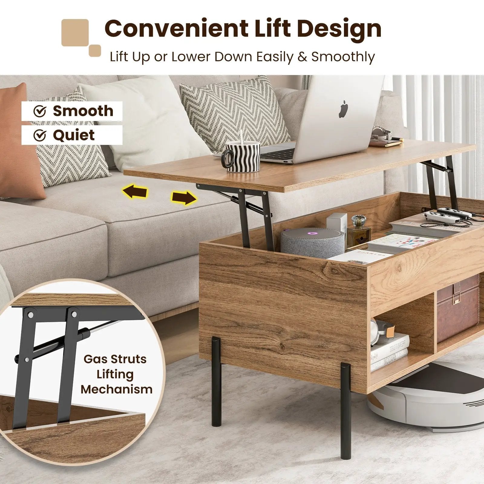 Living Room Central Table with Lifting Tabletop and Metal Legs-Natural by DirectDeals