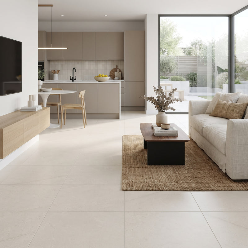 A bright, modern living room with light beige floor tiles, featuring a cream sofa, a black coffee table on a woven rug, and a contemporary kitchen in the background.