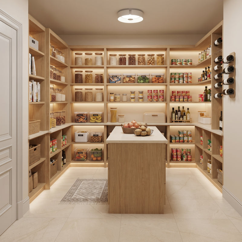 A modern walk-in pantry with light wood shelving, built-in under-shelf lighting, a central island, and neatly organized food storage jars and bottles.