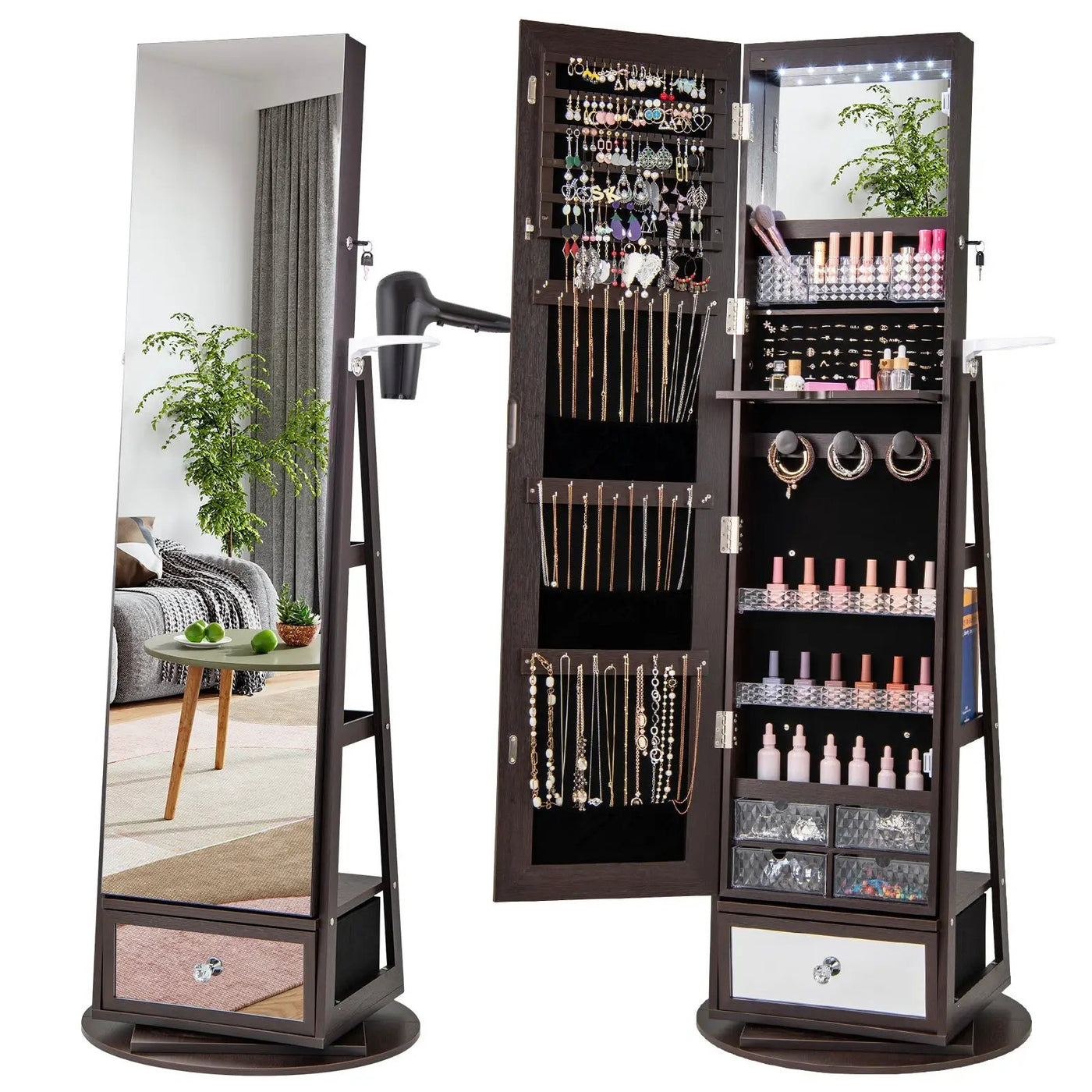 Lockable 360° Swivel Jewelry Cabinet with Full-Length Mirror LED Lights by DirectDeals
