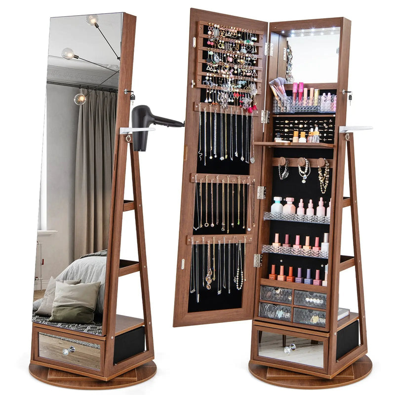 Lockable 360° Swivel Jewelry Cabinet with Full-Length Mirror LED Lights by DirectDeals