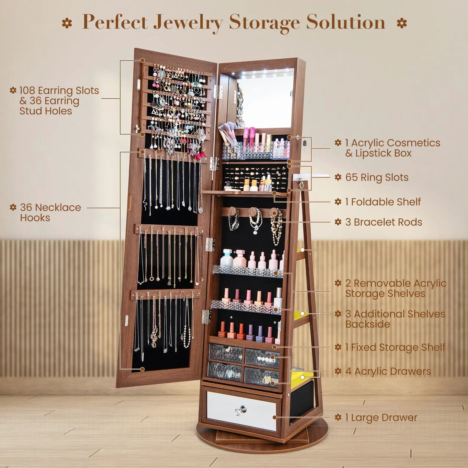 Lockable 360° Swivel Jewelry Cabinet with Full-Length Mirror LED Lights by DirectDeals
