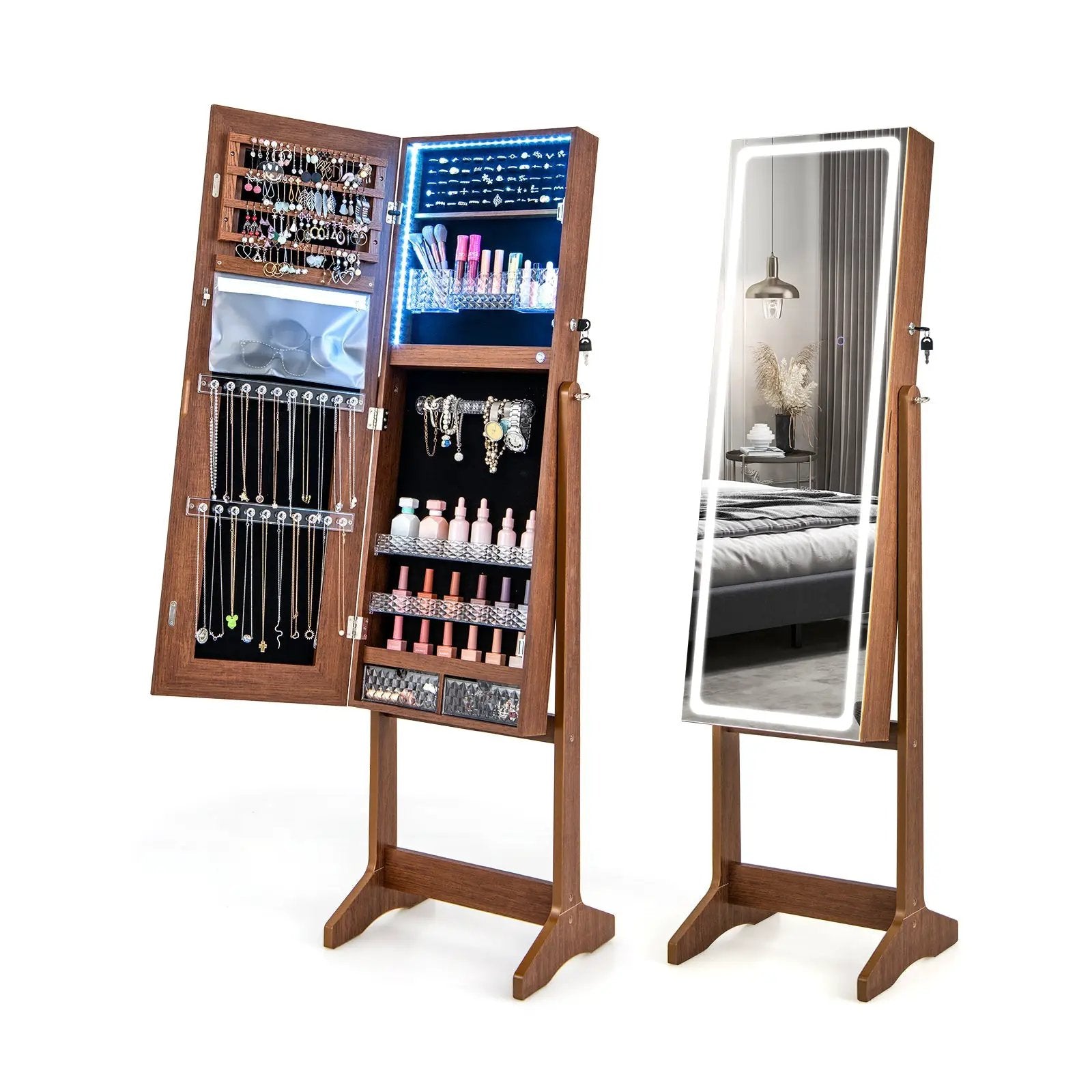 Lockable Jewelry Armoire Standing Cabinet with Lighted Full-Length Mirror by DirectDeals