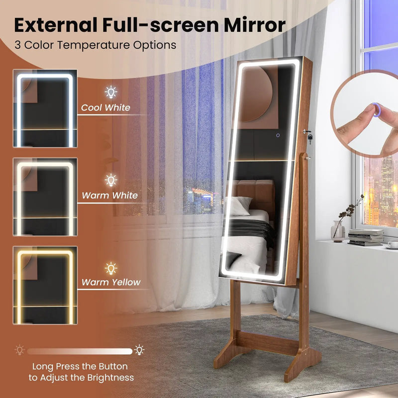 Lockable Jewelry Armoire Standing Cabinet with Lighted Full-Length Mirror by DirectDeals