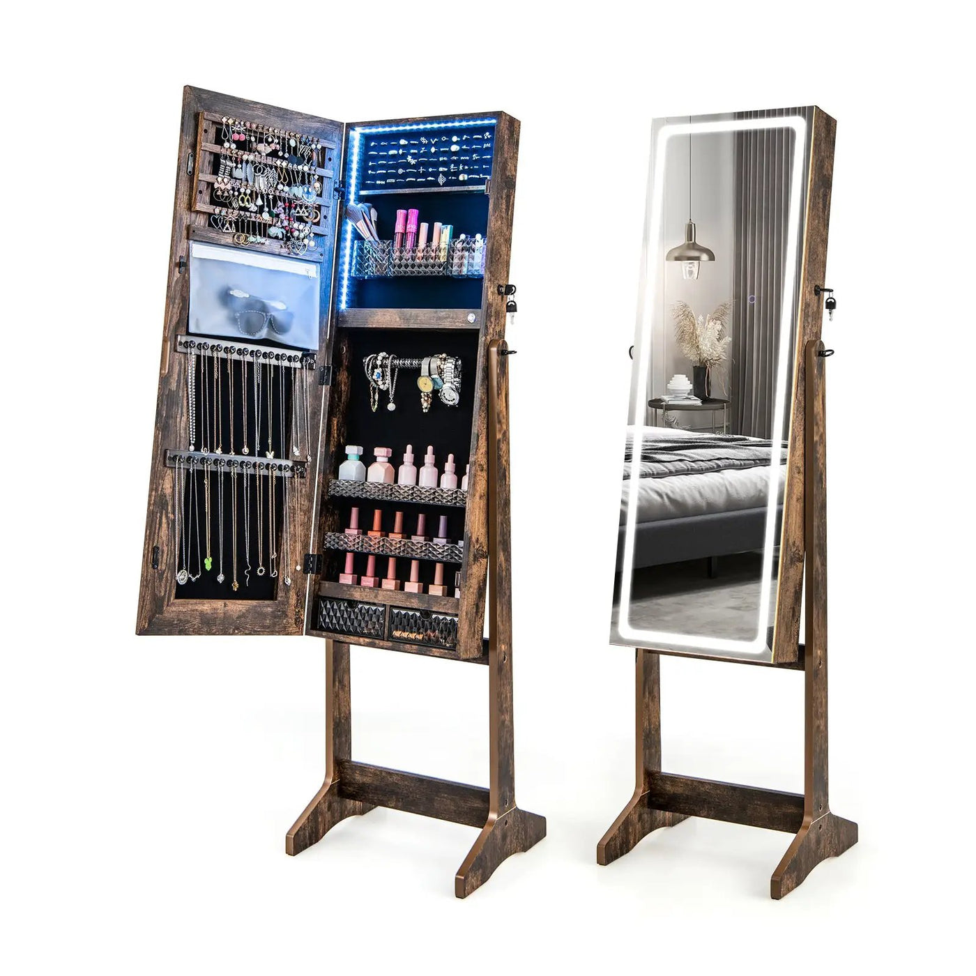 Lockable Jewelry Armoire Standing Cabinet with Lighted Full-Length Mirror by DirectDeals