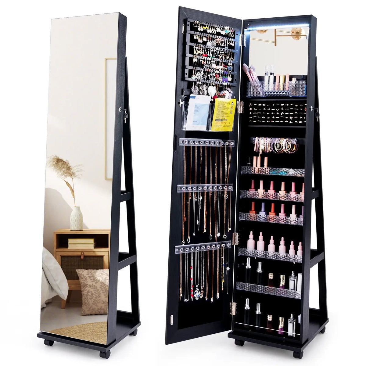 64 Inches Lockable Jewelry Cabinet Armoire with Built-in Makeup Mirror by DirectDeals