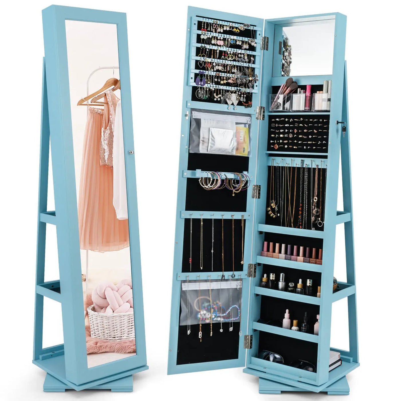 360° Rotatable 2-in-1 Lockable Jewelry Cabinet with Full-Length Mirror by DirectDeals