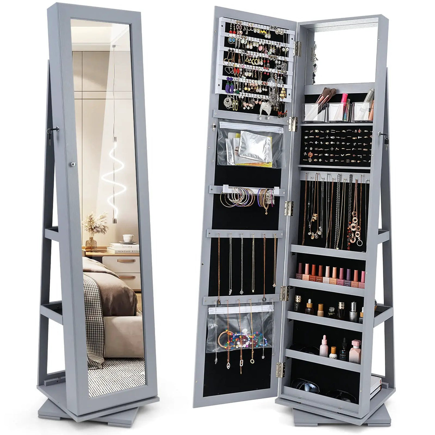 360° Rotatable 2-in-1 Lockable Jewelry Cabinet with Full-Length Mirror by DirectDeals