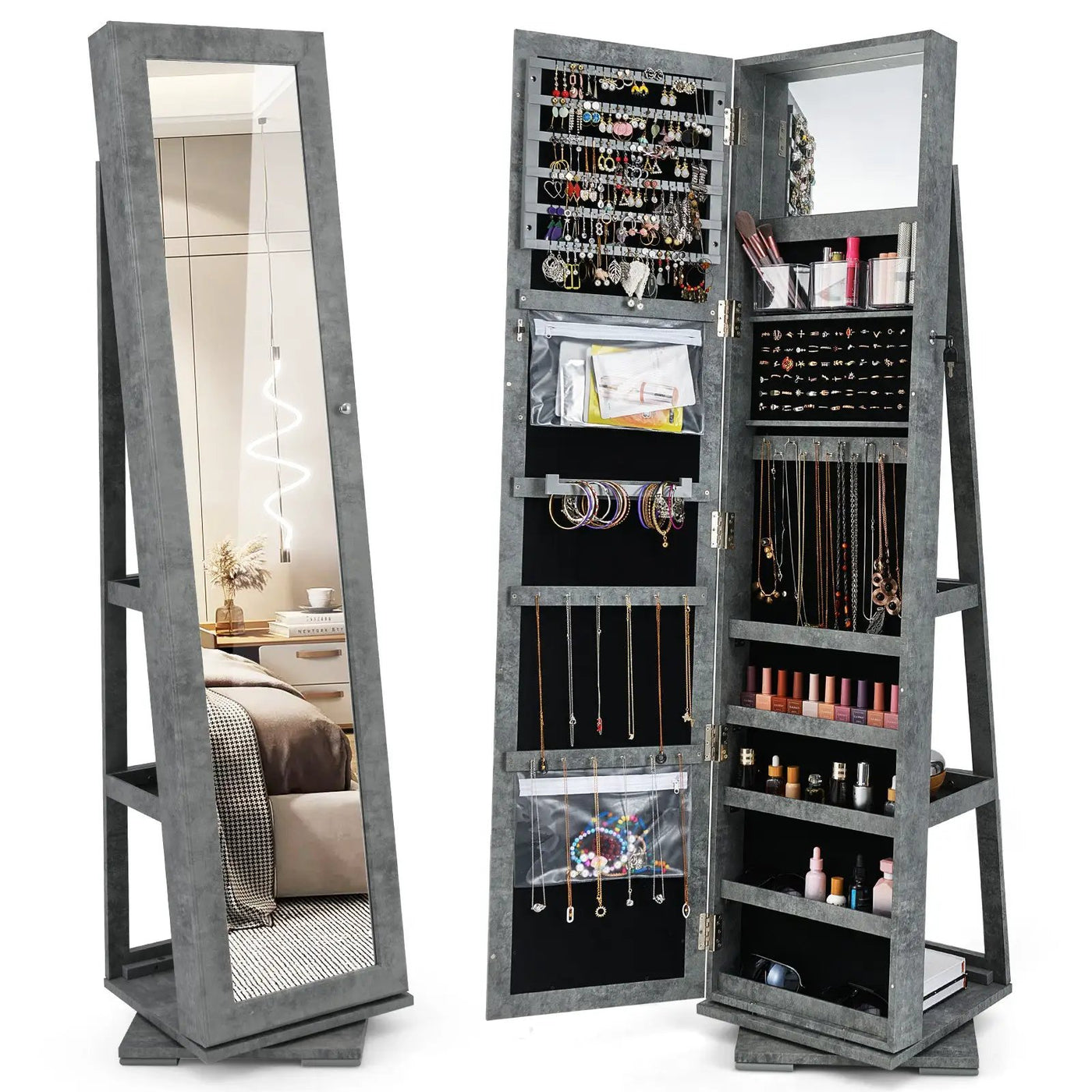 360° Rotatable 2-in-1 Lockable Jewelry Cabinet with Full-Length Mirror by DirectDeals