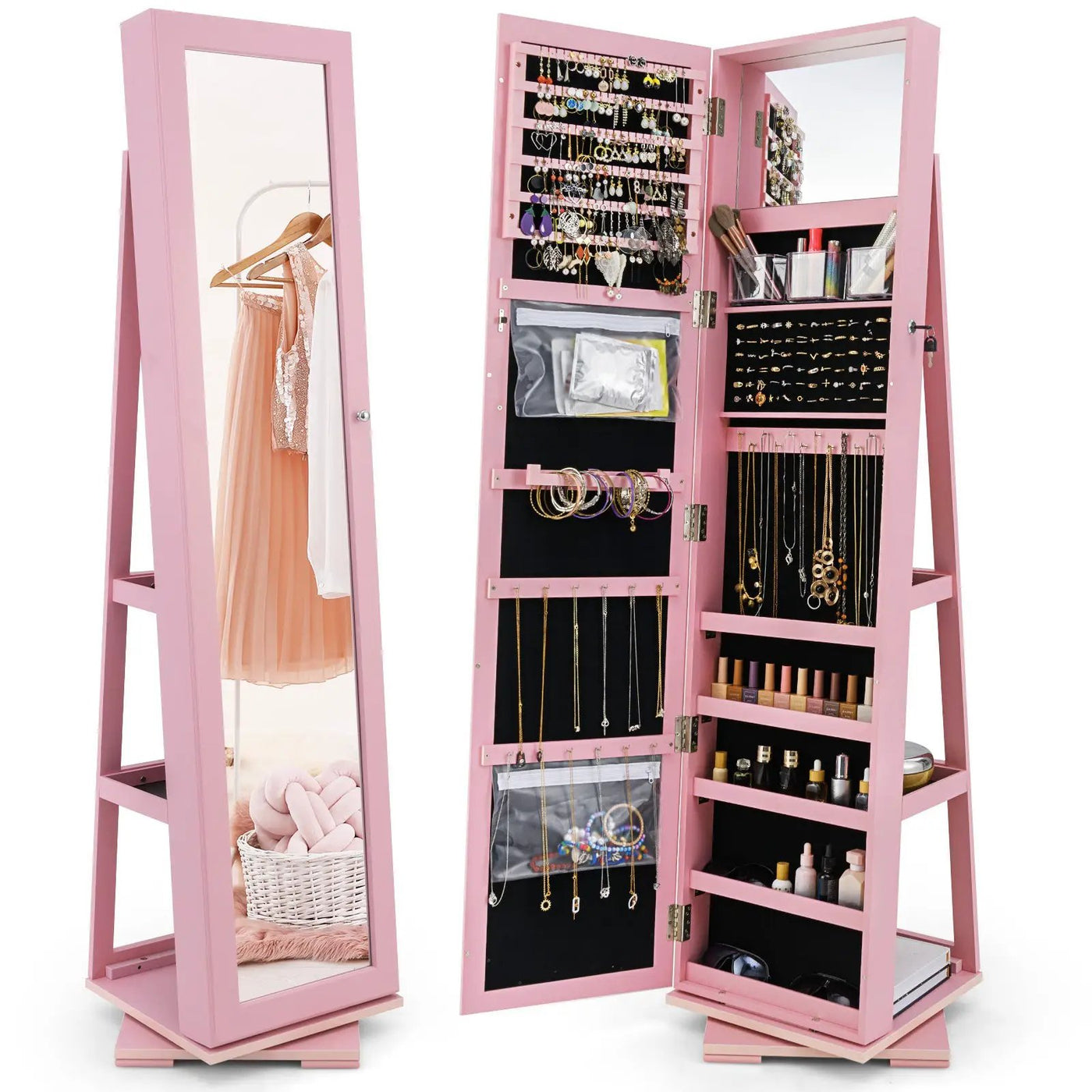 360° Rotatable 2-in-1 Lockable Jewelry Cabinet with Full-Length Mirror by DirectDeals