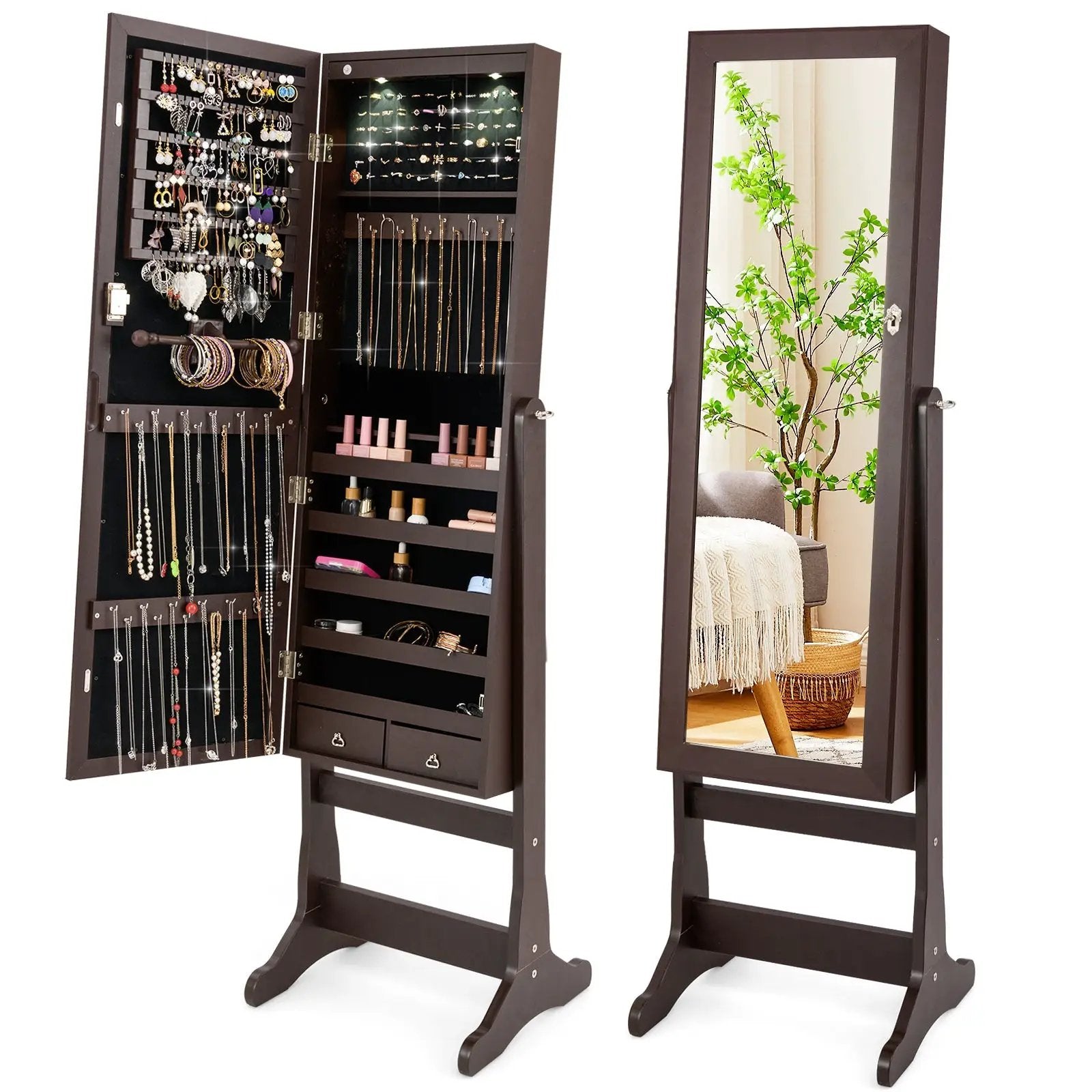 Lockable Mirrored Jewelry Cabinet with Stand and Led Lights-Brown by DirectDeals