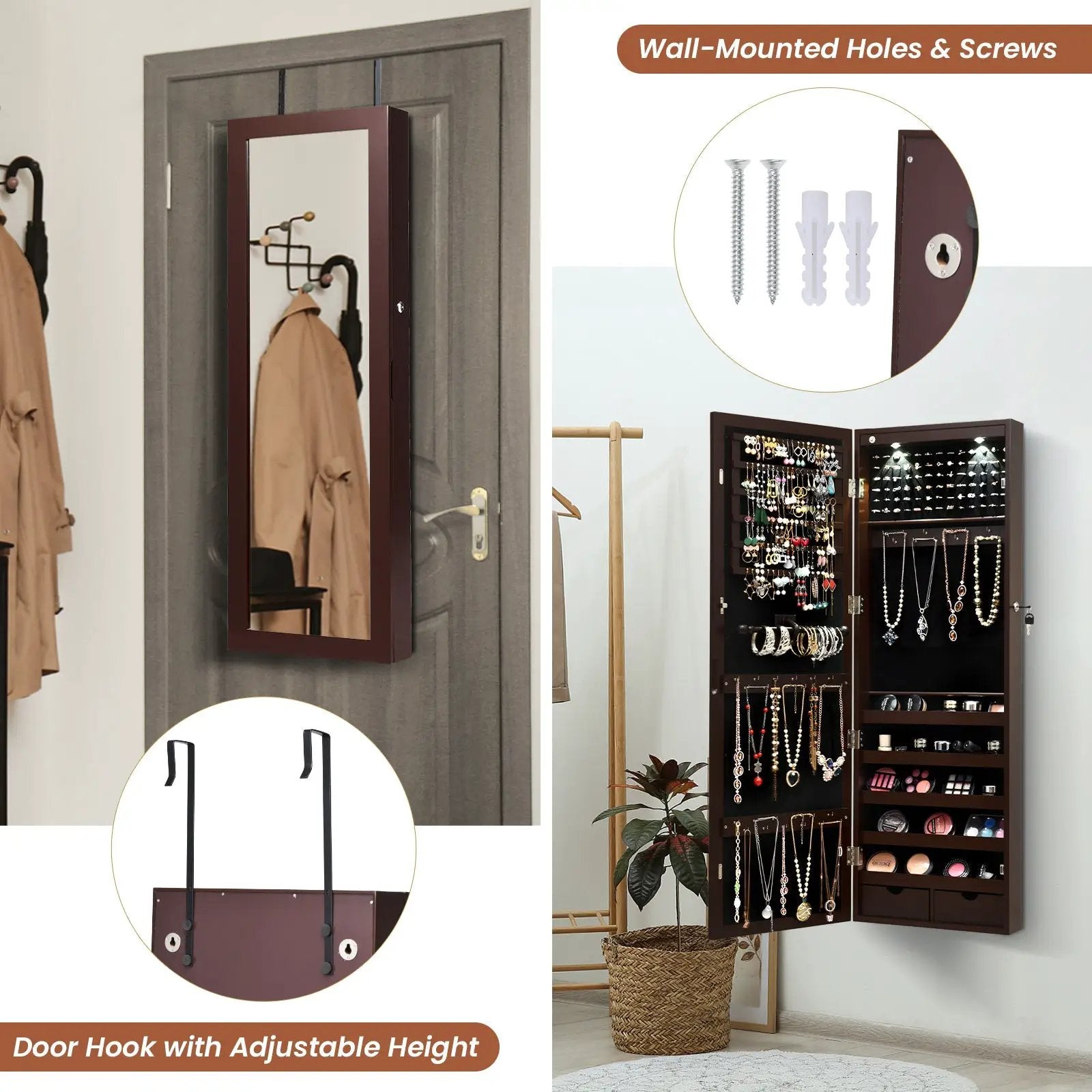 Lockable Wall Mount Mirrored Jewelry Cabinet with LED Lights by DirectDeals