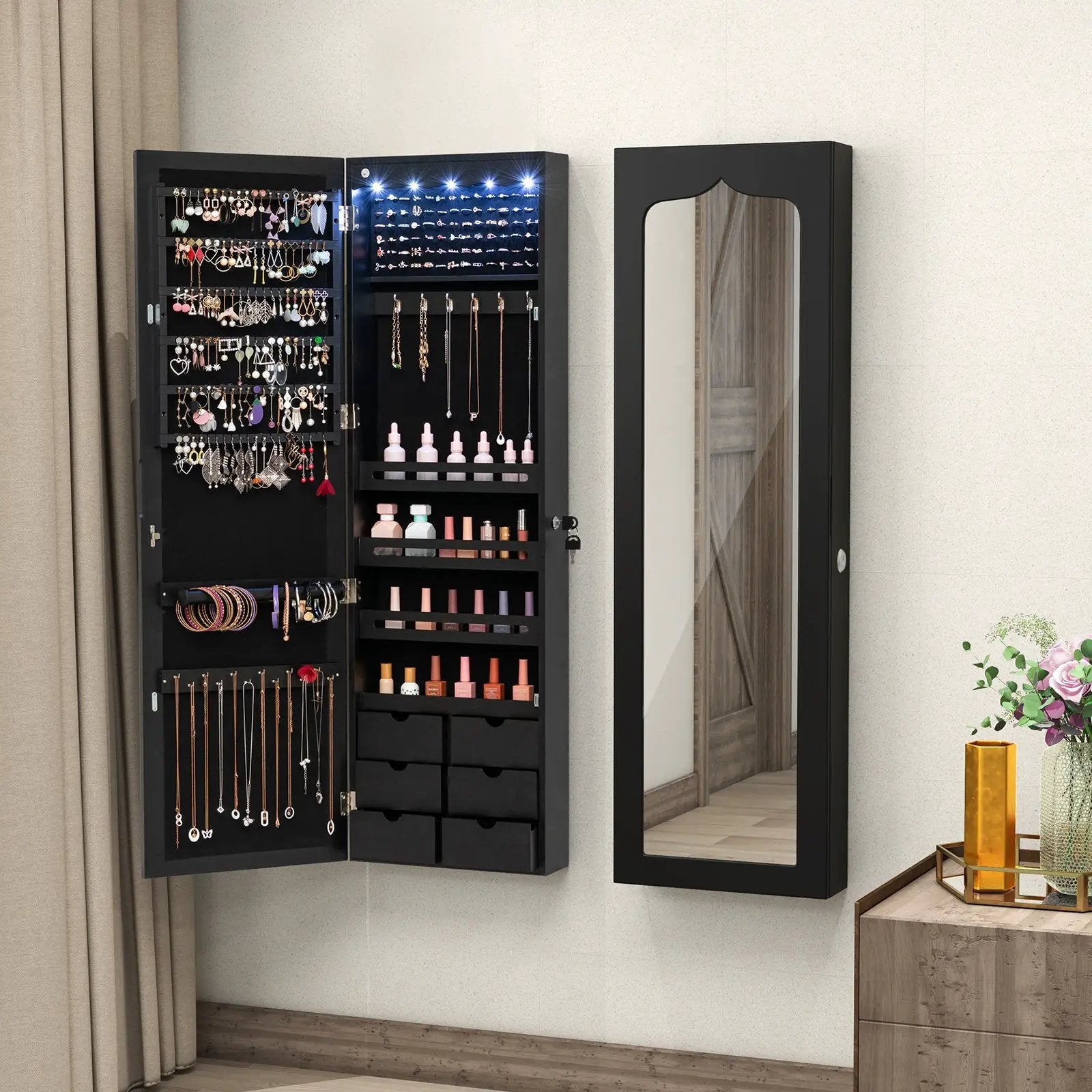 Lockable Wall Mounted Mirror Jewelry Armoire with 5 LEDs and 6 Drawers-Black by DirectDeals
