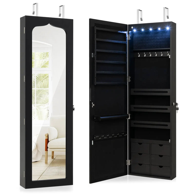 Lockable Wall Mounted Mirror Jewelry Armoire with 5 LEDs and 6 Drawers-Black by DirectDeals