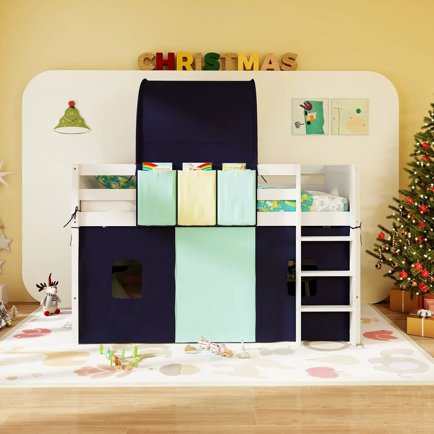 Twin Size Loft Bed Playhouse Bed Frame with Tower Tent and 3 Storage Pockets by DirectDeals