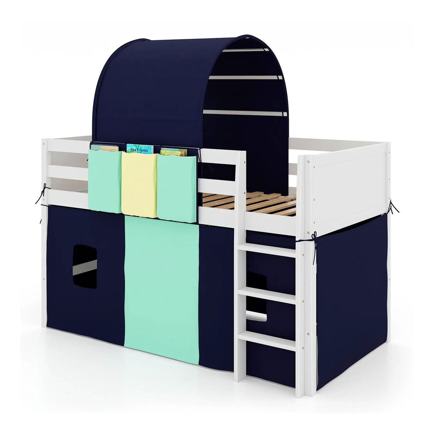 Twin Size Loft Bed Playhouse Bed Frame with Tower Tent and 3 Storage Pockets by DirectDeals