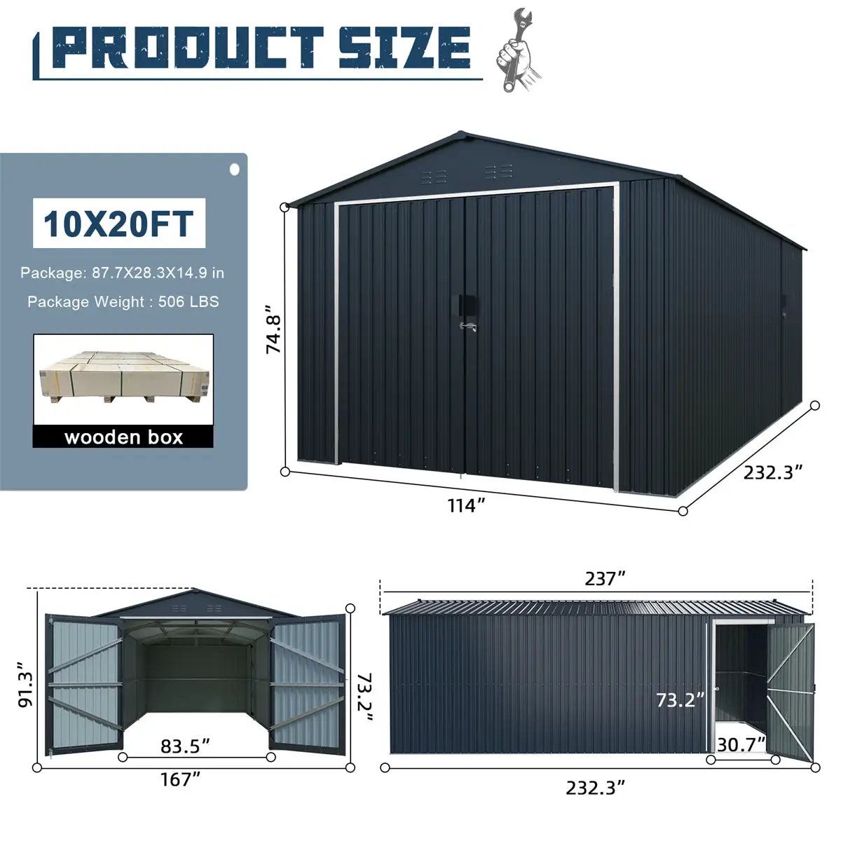 10'x20' Plus Upgraded Metal Shed with Double Front Doors & Side Entry Door by Chery Industrial