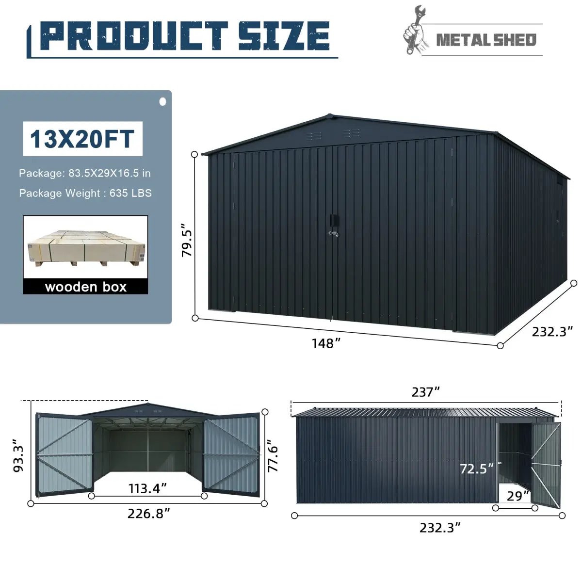 13'x20' Plus Upgraded Metal Shed w/ Double Front Doors & Side Entry Door by Chery Industrial