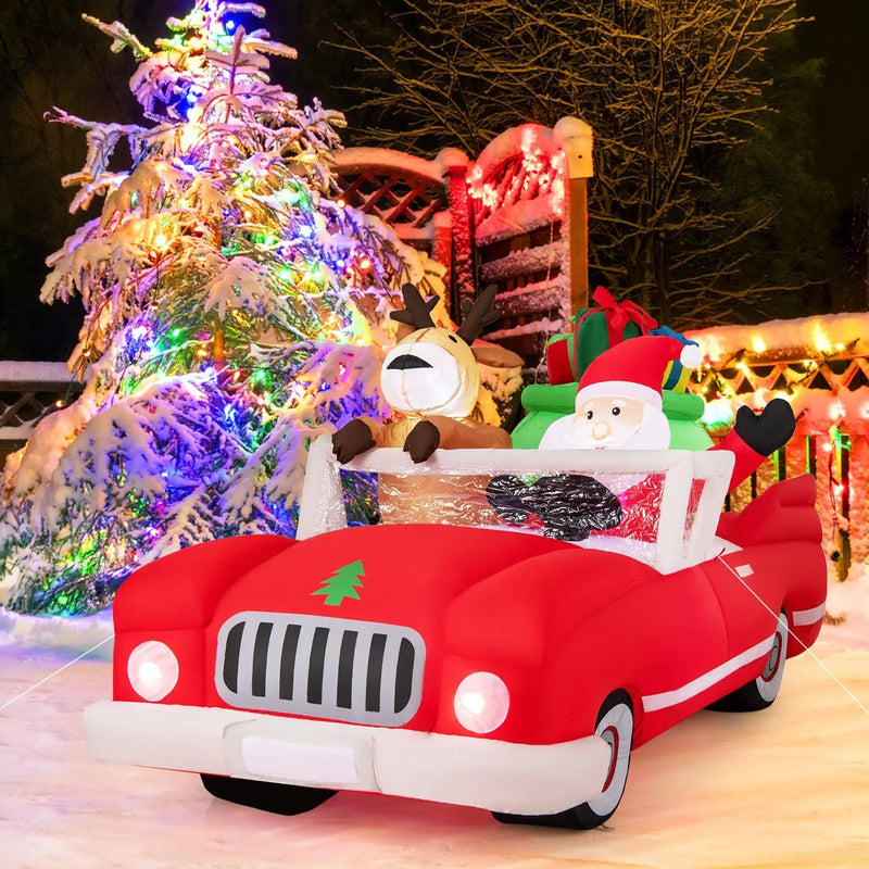 7.7 Feet Long Christmas Inflatable Santa Claus and Reindeer Riding Red Car with Gift Bag and 9 LED White Lights by DirectDeals