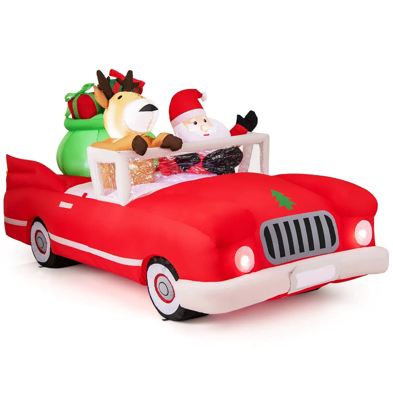 7.7 Feet Long Christmas Inflatable Santa Claus and Reindeer Riding Red Car with Gift Bag and 9 LED White Lights by DirectDeals