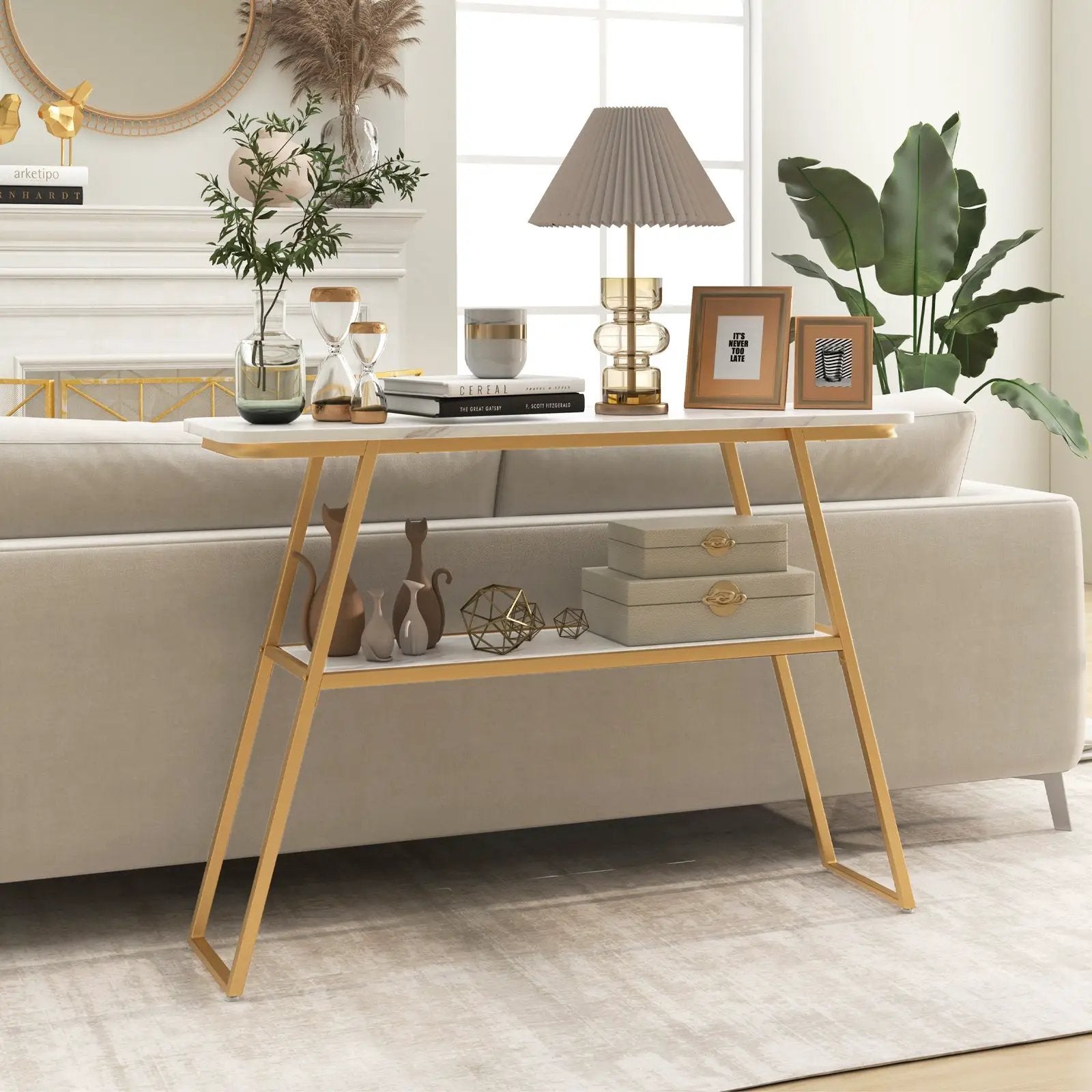Console Table with Open Shelf Gold Metal Frame Living Room Hallway-White by DirectDeals