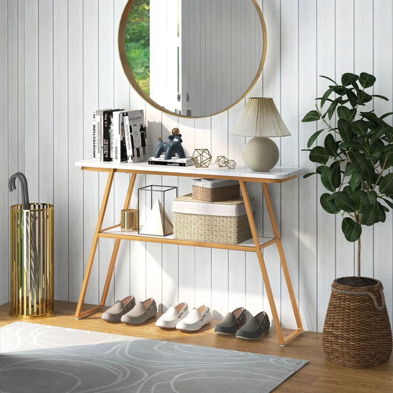 Console Table with Open Shelf Gold Metal Frame Living Room Hallway-White by DirectDeals