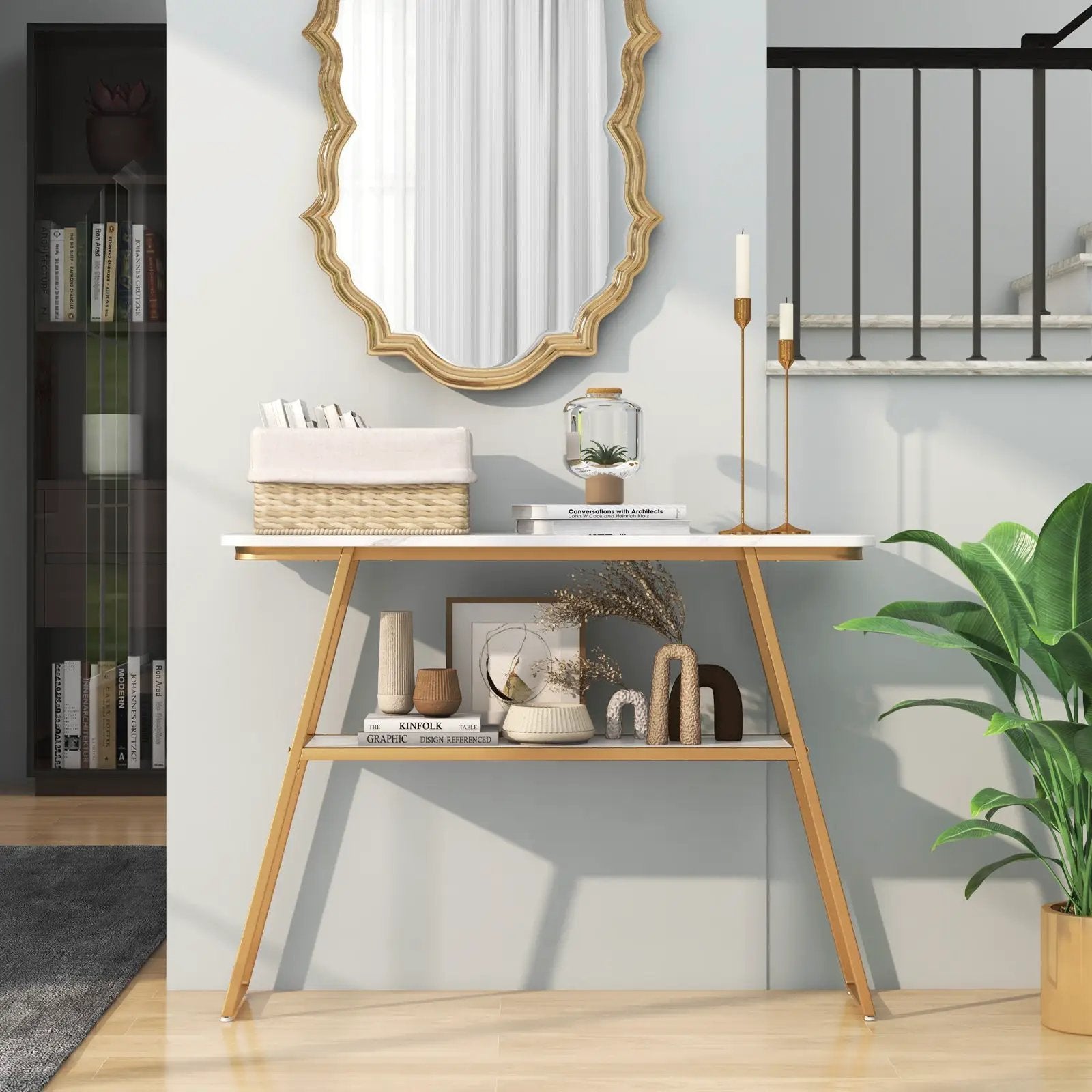 Console Table with Open Shelf Gold Metal Frame Living Room Hallway-White by DirectDeals