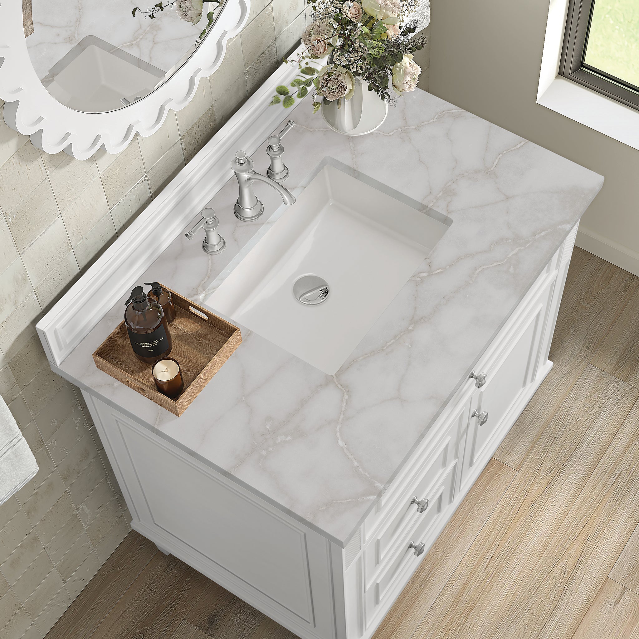 James Martin Lorelai 36" Single Bathroom Vanity, Bright White with Victorian Silver countertop