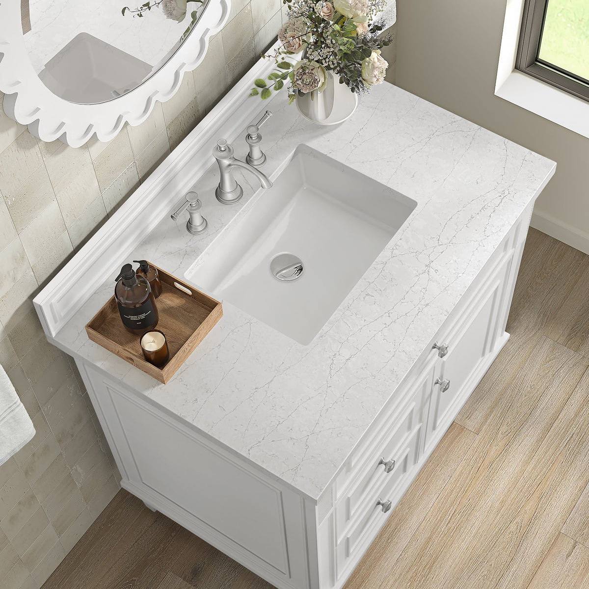 James Martin Lorelai 36" Single Bathroom Vanity, Bright White with Eternal Jasmine Pearl countertop