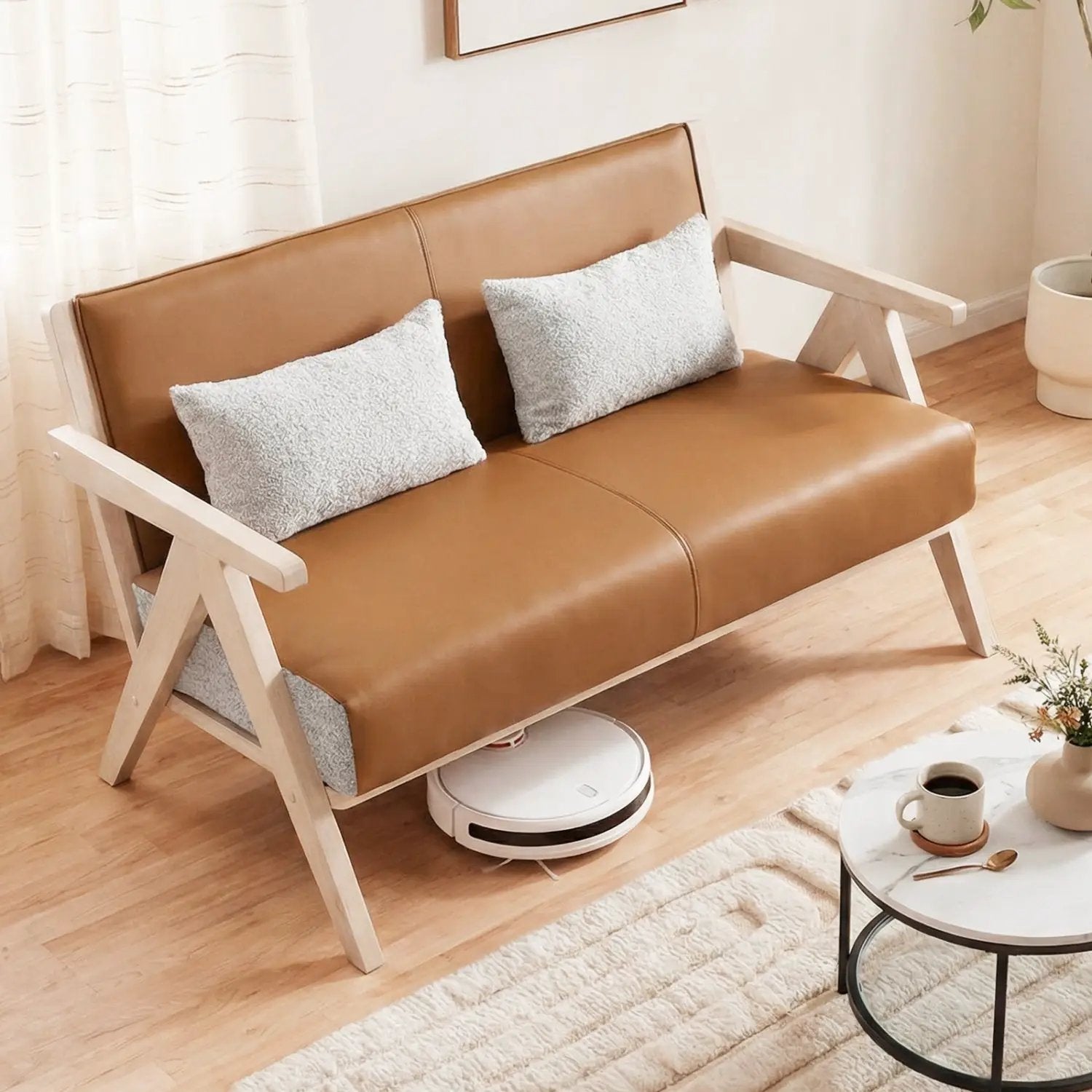 Loveseat Sofa for Small Spaces with Throw Pillows Rubber Wood Frame Padded Seat by DirectDeals