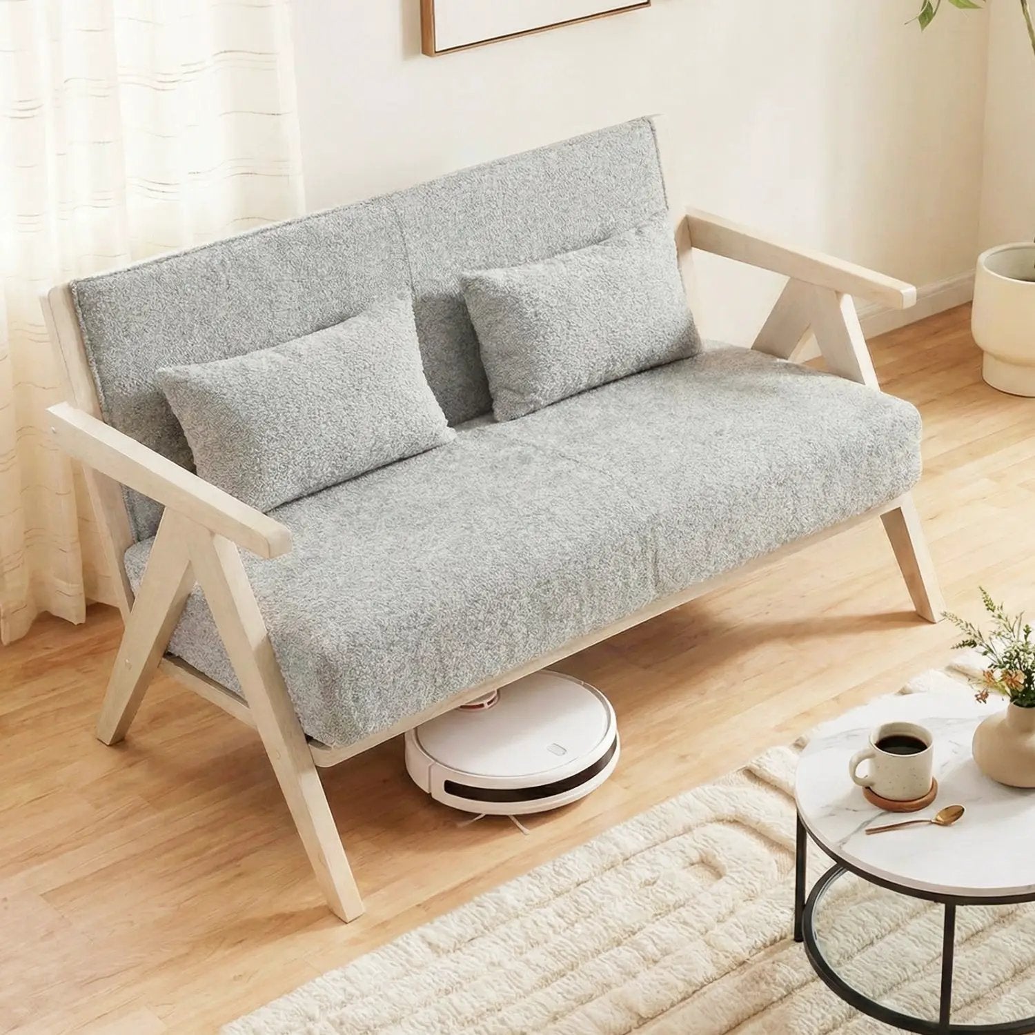 Loveseat Sofa for Small Spaces with Throw Pillows Rubber Wood Frame Padded Seat by DirectDeals