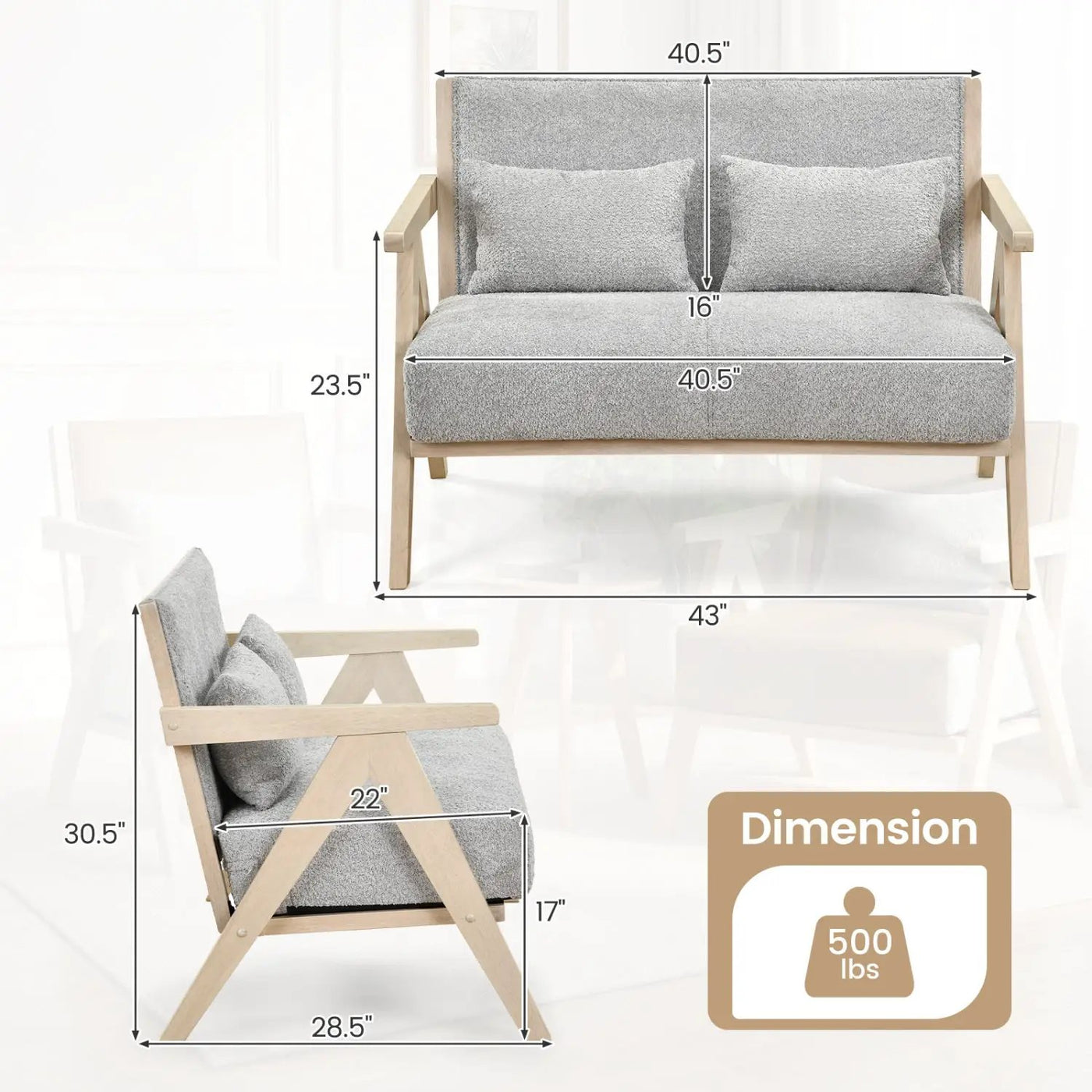 Loveseat Sofa for Small Spaces with Throw Pillows Rubber Wood Frame Padded Seat by DirectDeals