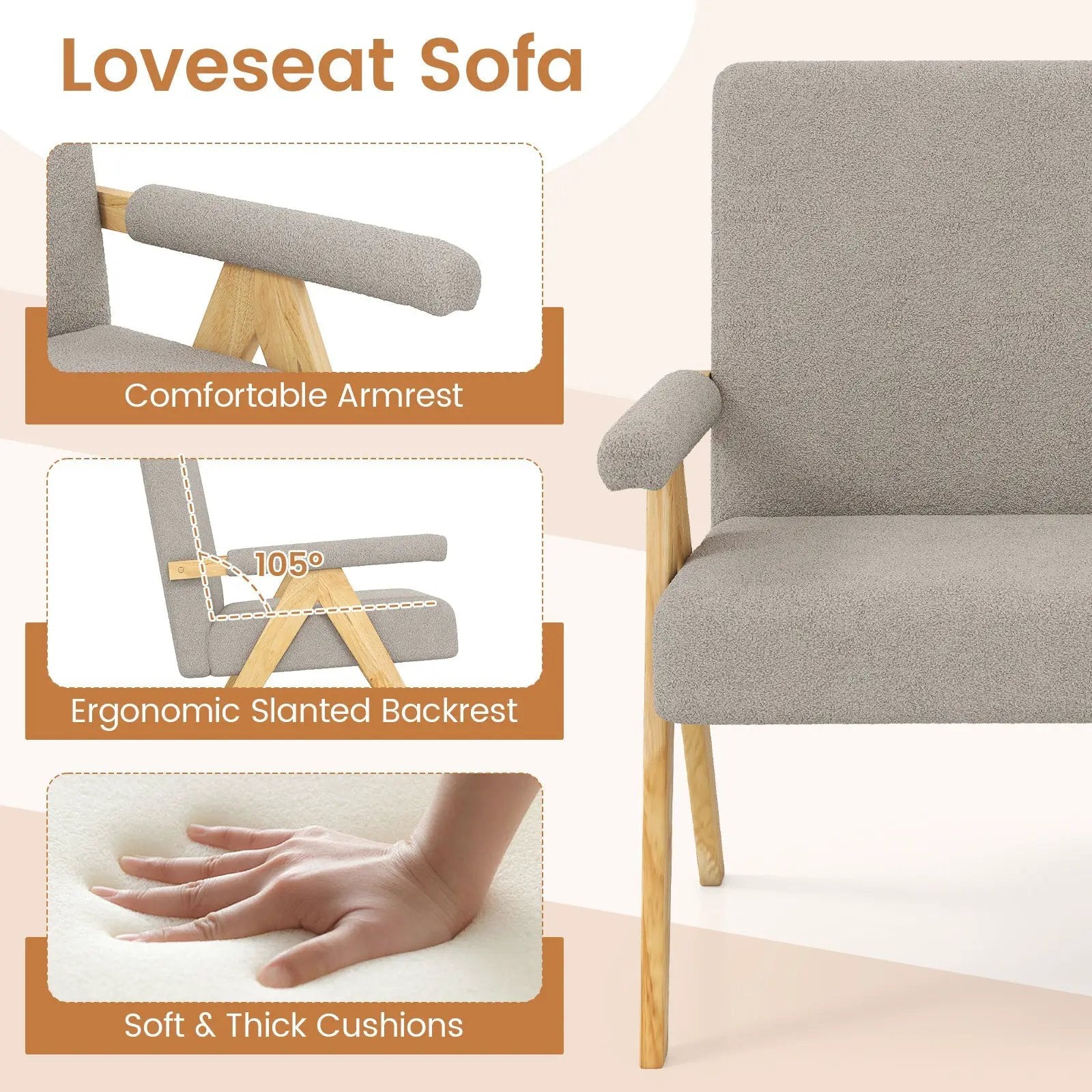 Loveseat Sofa with Armrests and Wooden Legs by DirectDeals