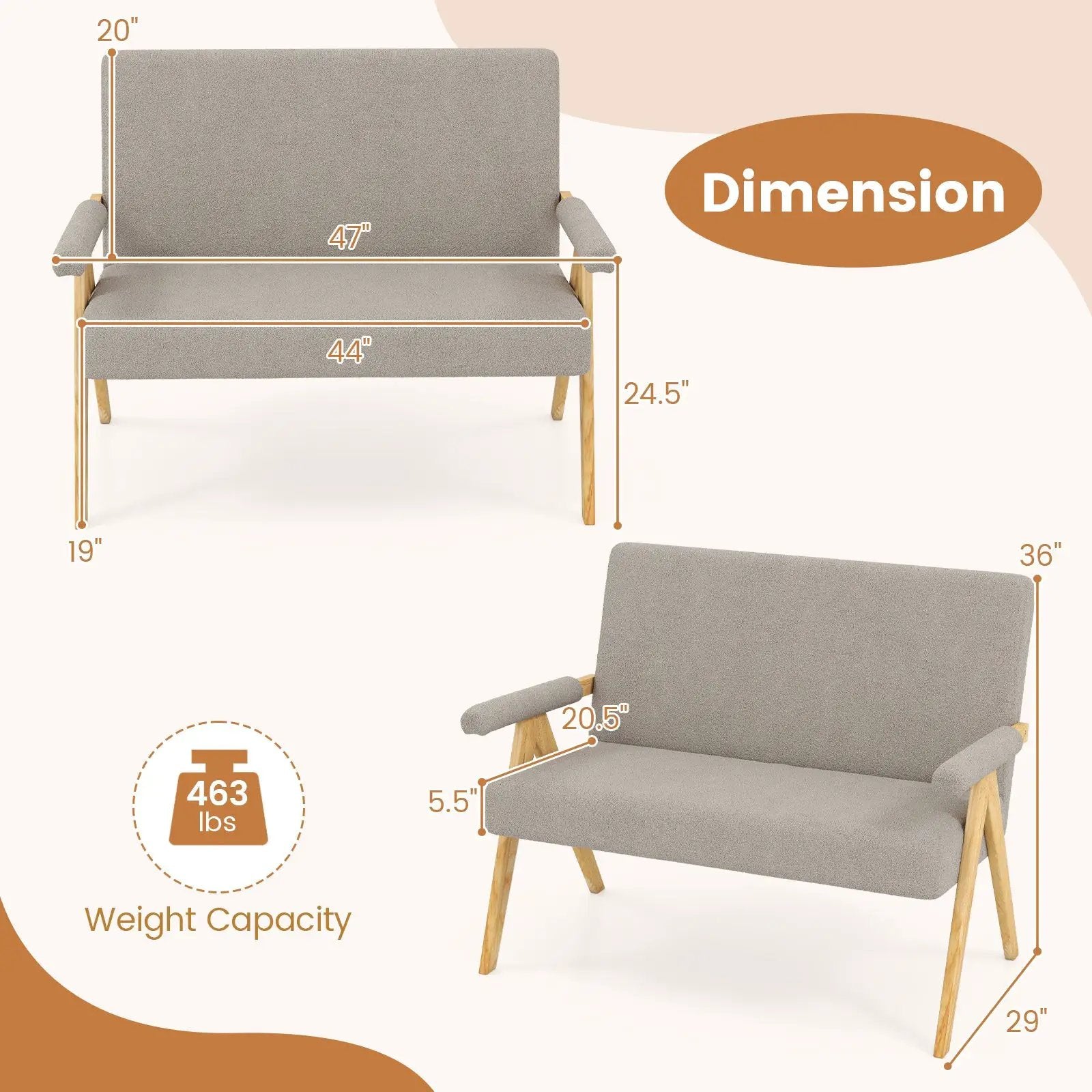 Loveseat Sofa with Armrests and Wooden Legs by DirectDeals