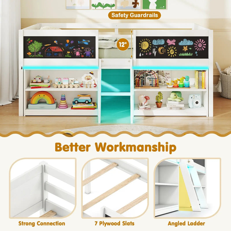Low Loft Bed with LED Lights Kid's Cabin Bed with Bookcases by DirectDeals