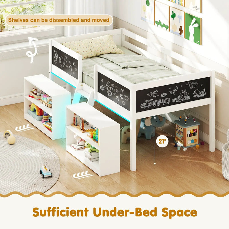 Low Loft Bed with LED Lights Kid's Cabin Bed with Bookcases by DirectDeals