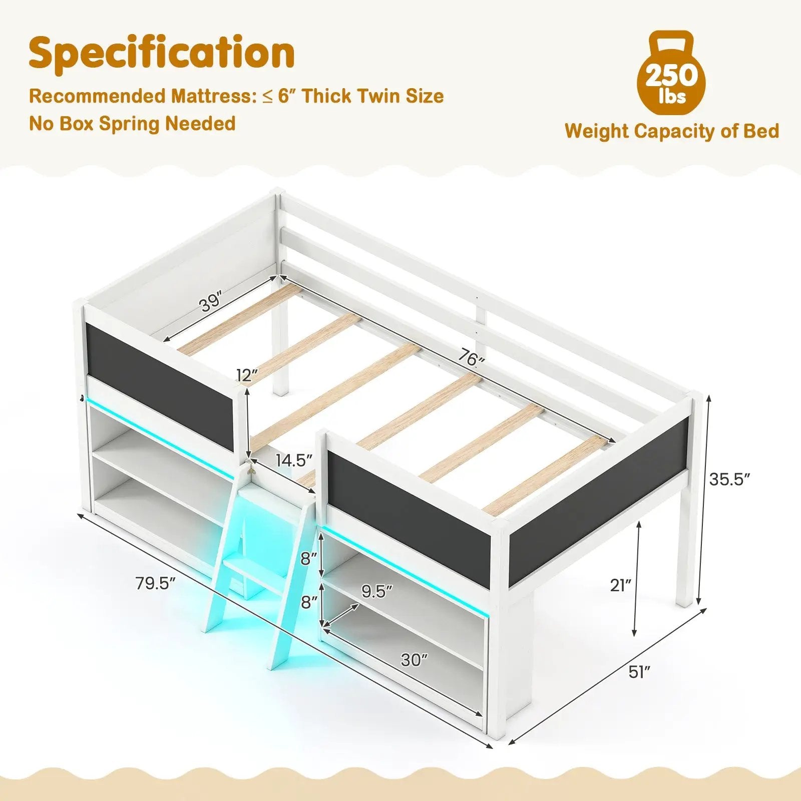 Low Loft Bed with LED Lights Kid's Cabin Bed with Bookcases by DirectDeals