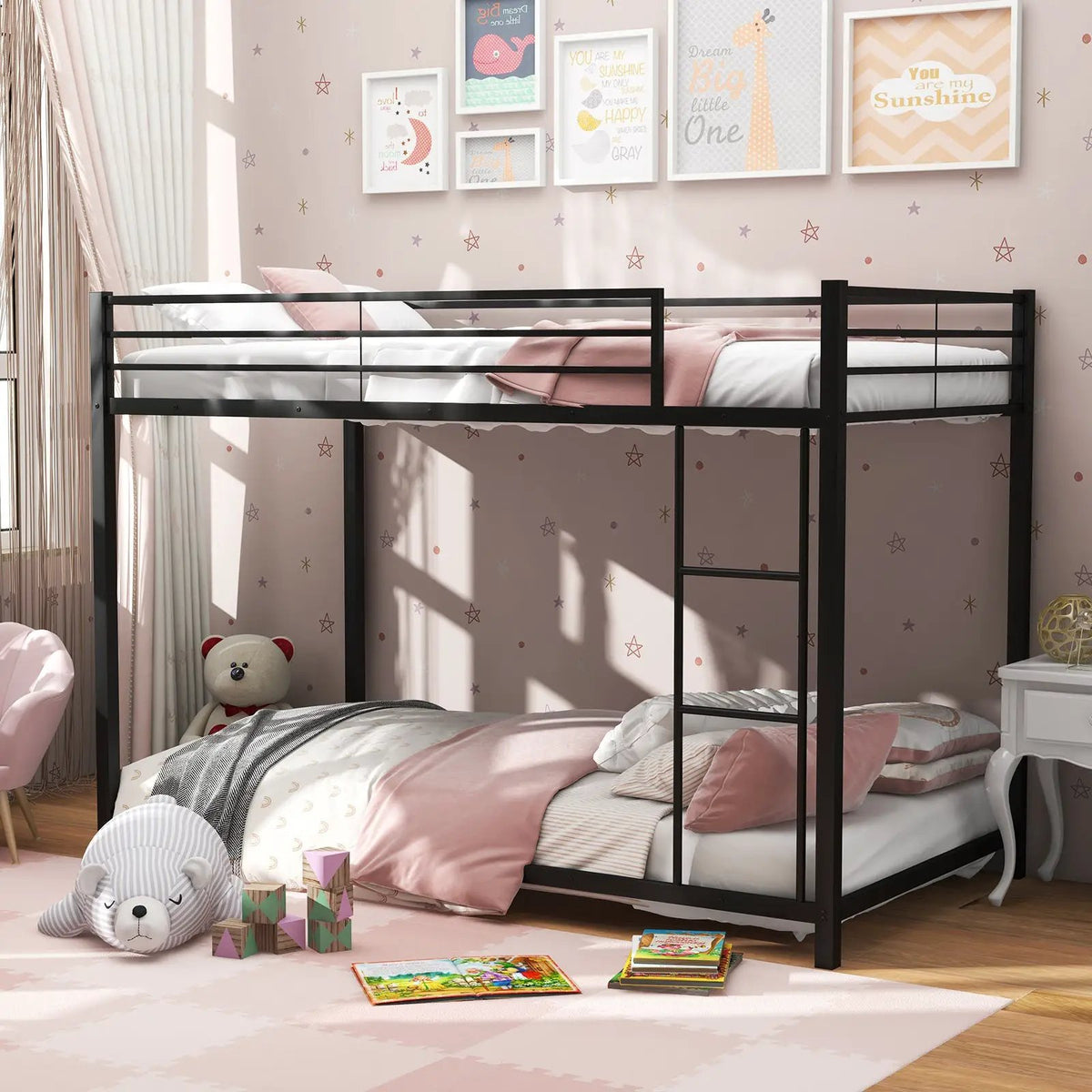 Low Profile Twin Over Twin Metal Bunk Bed with Full-length Guardrails by DirectDeals