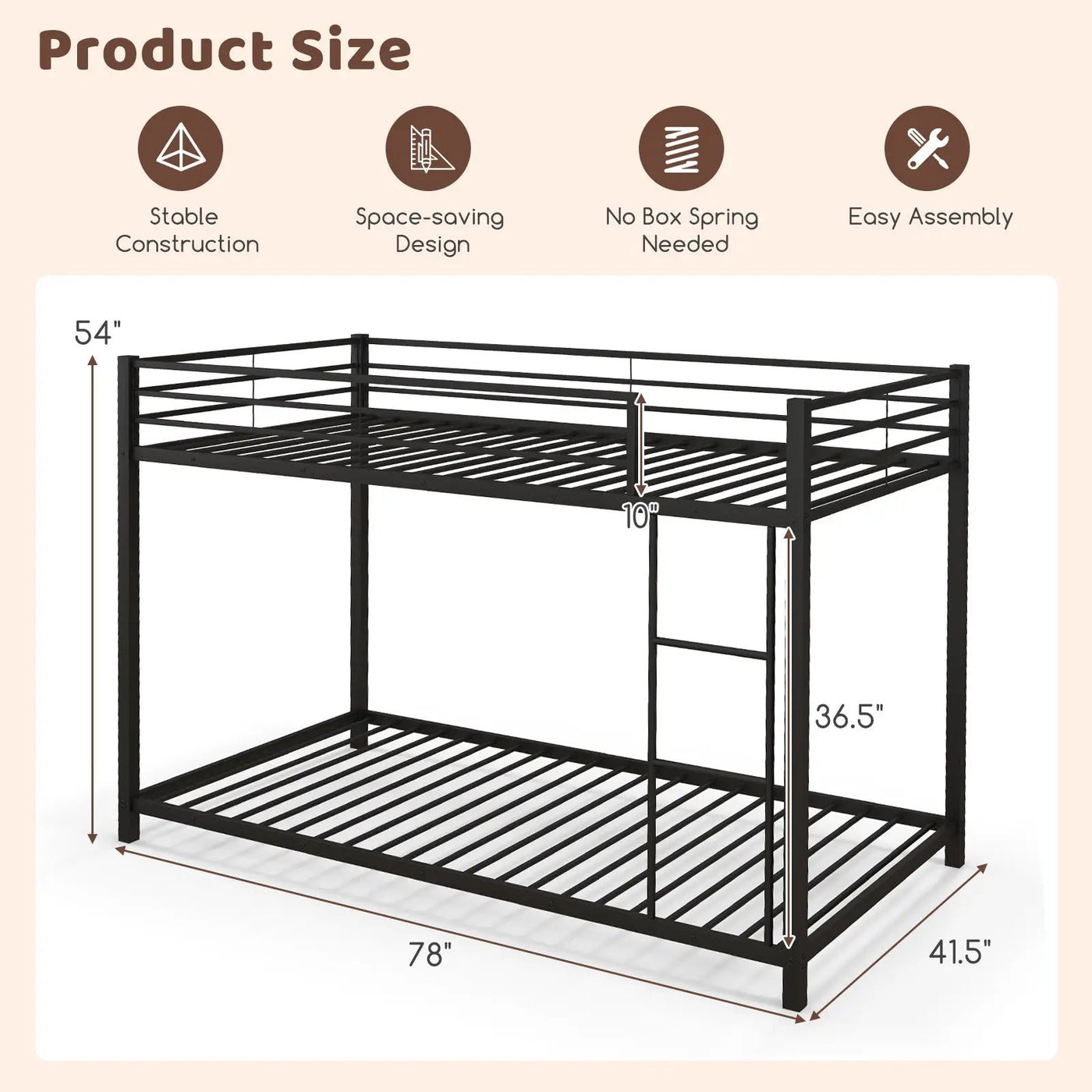 Low Profile Twin Over Twin Metal Bunk Bed with Full-length Guardrails by DirectDeals