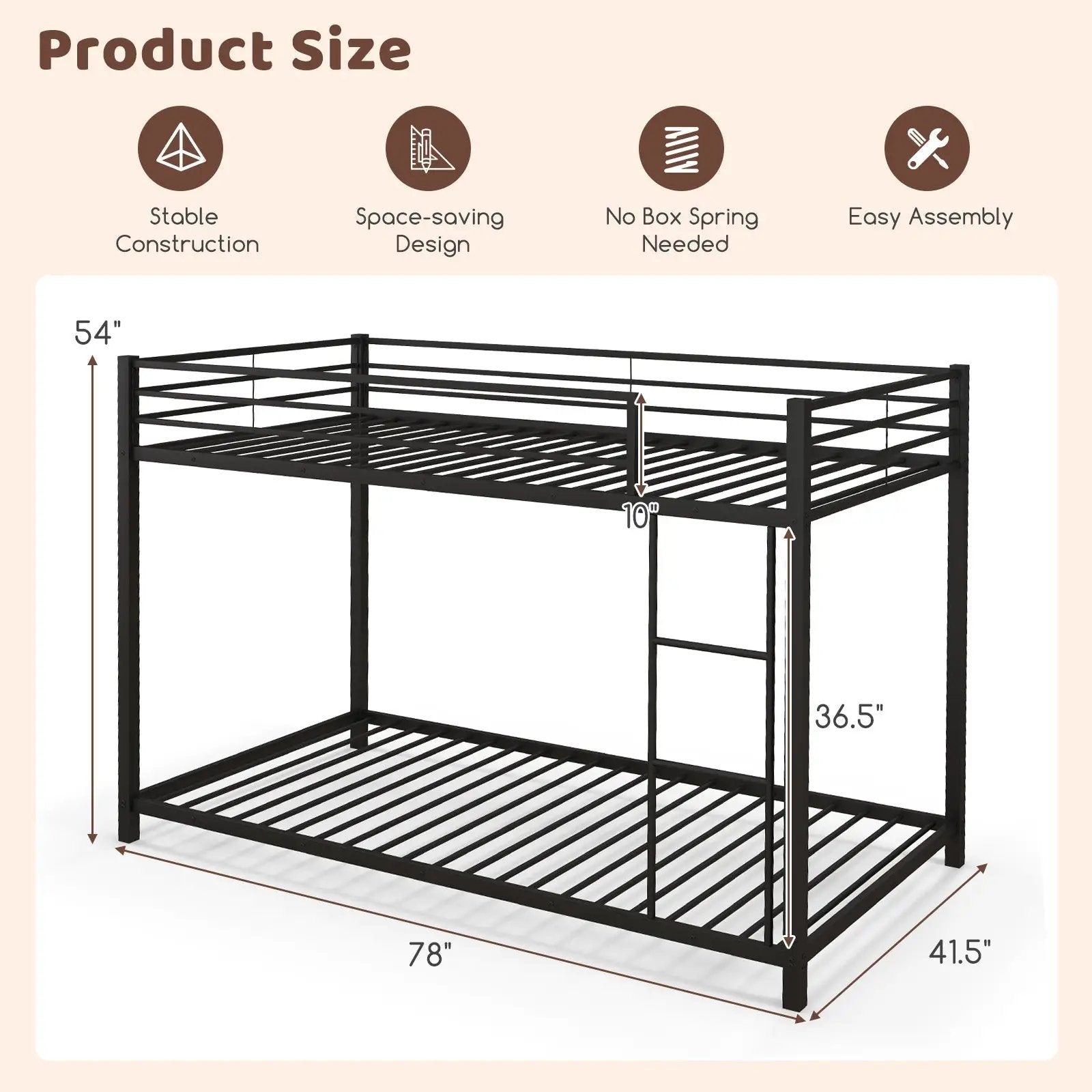 Low Profile Twin Over Twin Metal Bunk Bed with Full-length Guardrails by DirectDeals