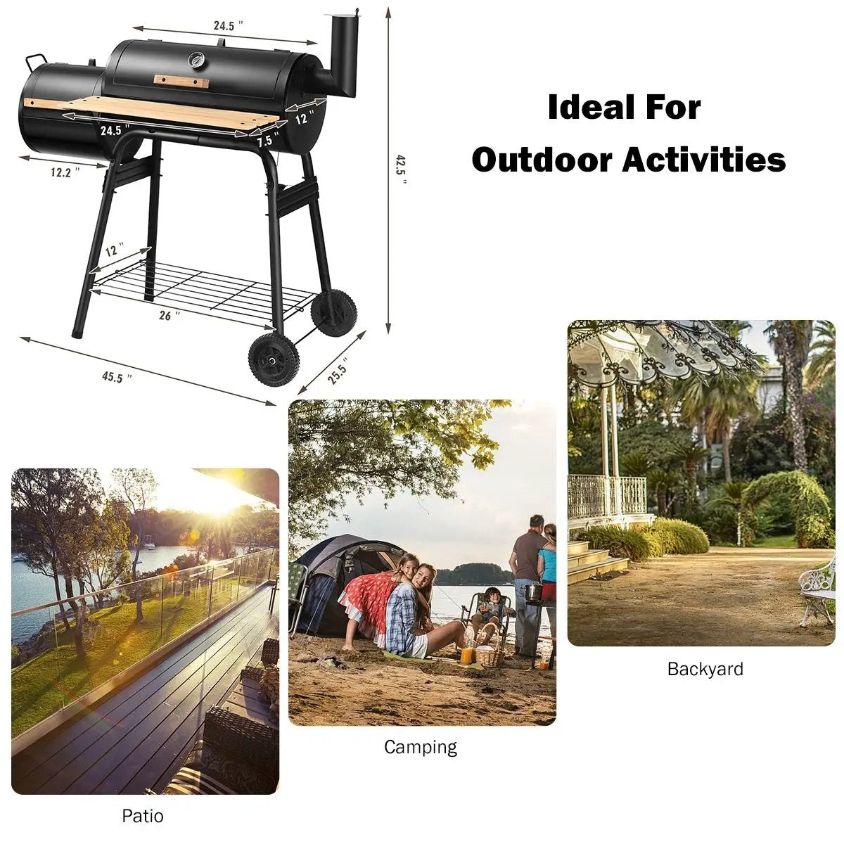 Low Smoke Outdoor BBQ Grill Steel Barbecue Cooker with Firebox by DirectDeals