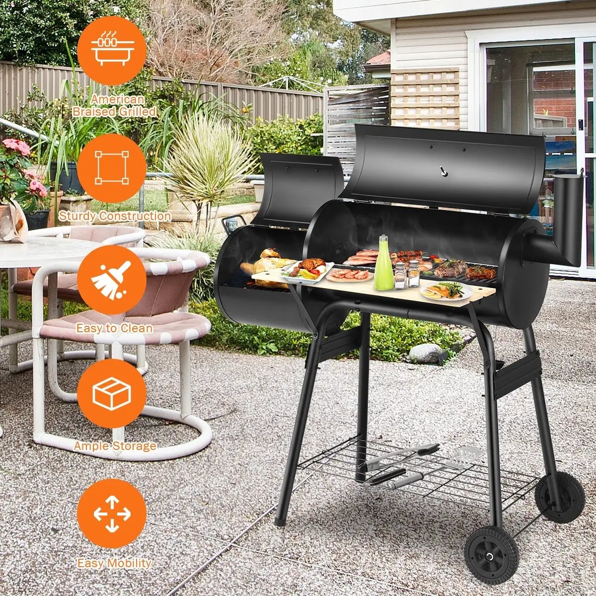 Low Smoke Outdoor BBQ Grill Steel Barbecue Cooker with Firebox by DirectDeals