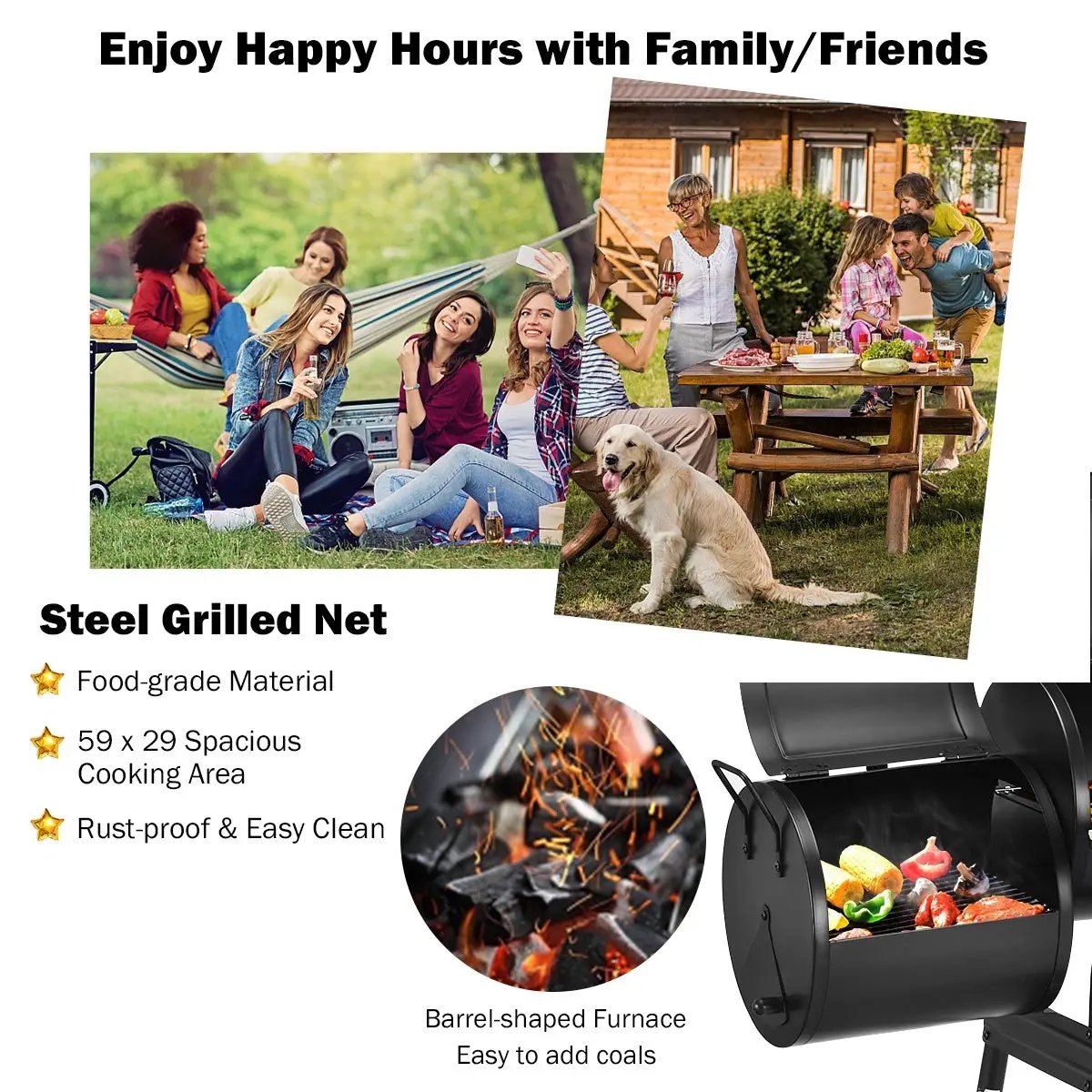 Low Smoke Outdoor BBQ Grill Steel Barbecue Cooker with Firebox by DirectDeals