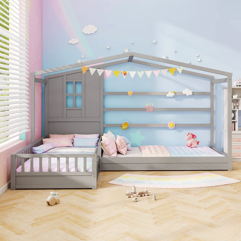 L-shaped Double Twin Beds House Platform Beds with Fences Corner Bed Frame by DirectDeals
