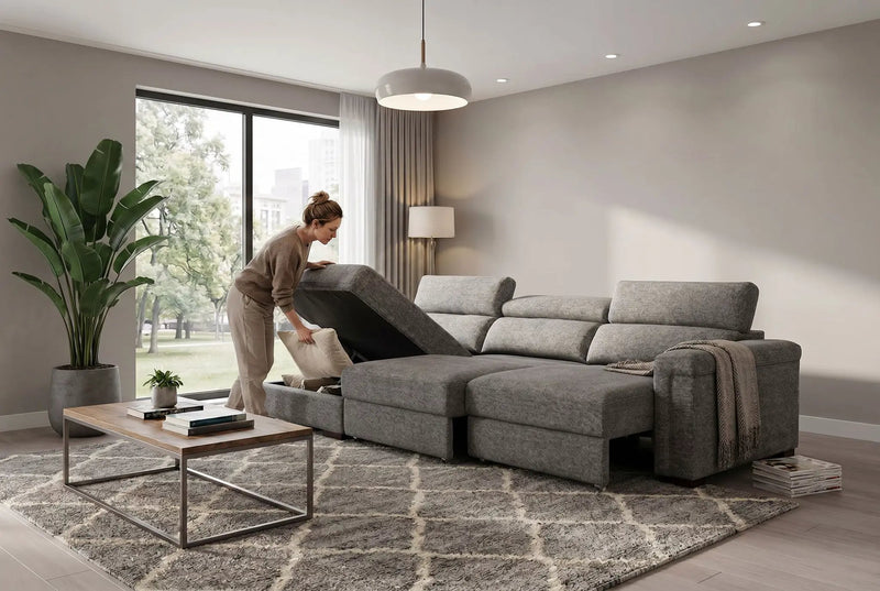 Lucious Gray Double Slider Power Sectional Sofa w/ Storage LAF Chaise by Ornate Furniture