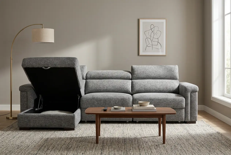 Lucious Gray Double Slider Power Sectional Sofa w/ Storage LAF Chaise by Ornate Furniture