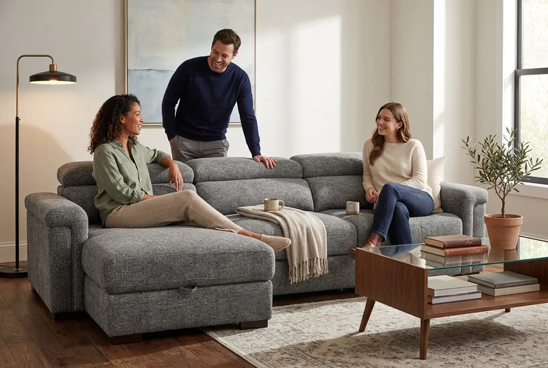 Lucious Gray Double Slider Power Sectional Sofa w/ Storage RAF Chaise by Ornate Furniture