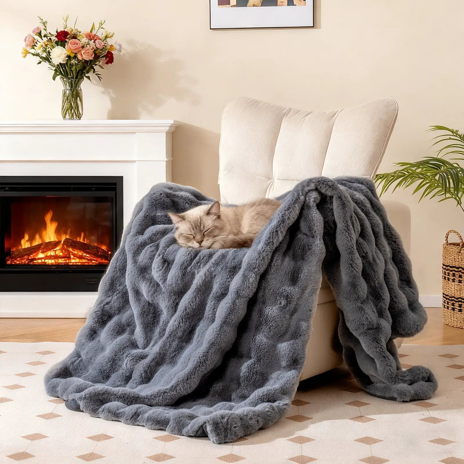 Luxury Fuzzy Plush Rabbit Fur Bubble Blanket for Armchair by DirectDeals