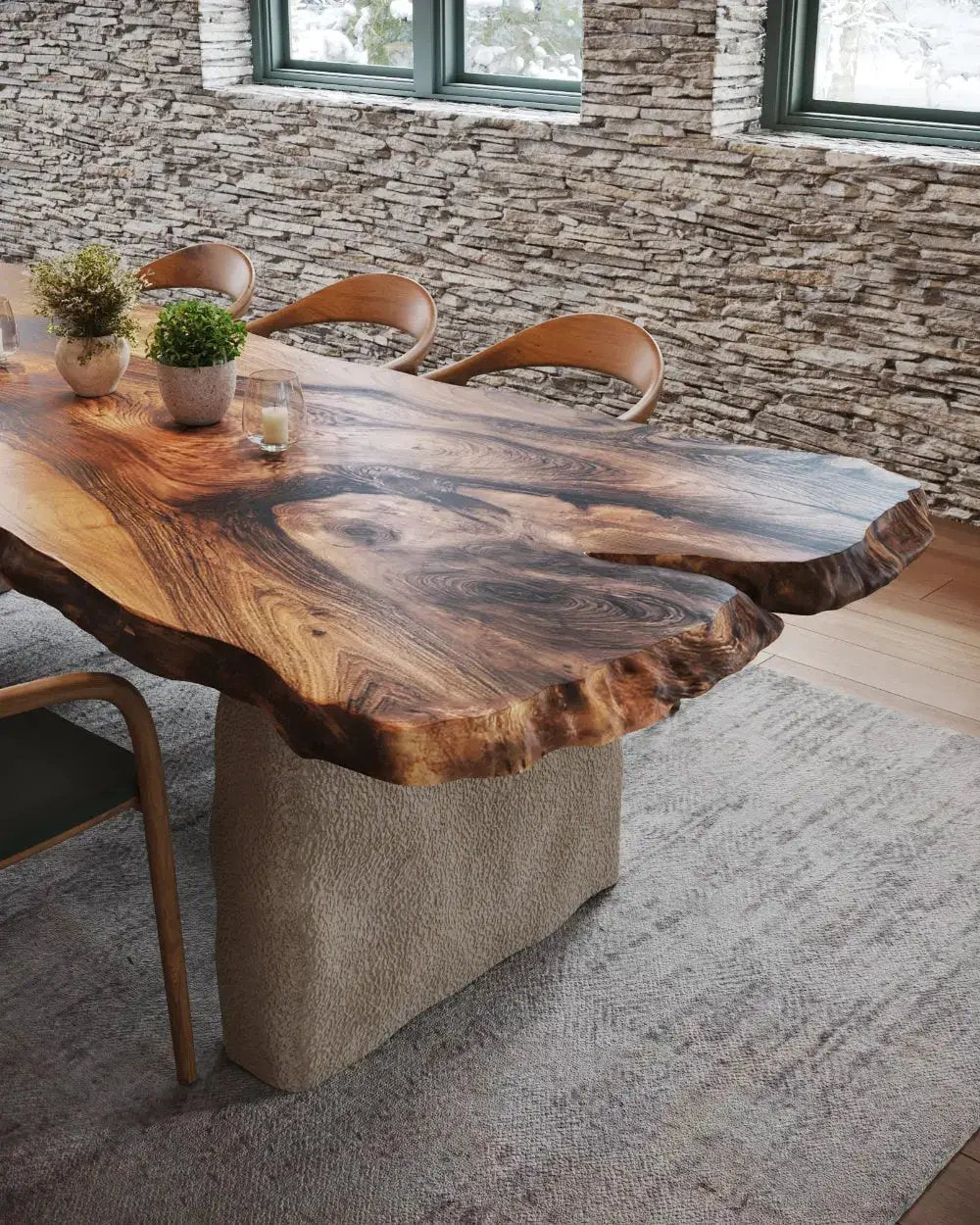Wabi Sabi Style Luxury Solid Wood Walnut Table with Stone Inspired Legs by Gizz